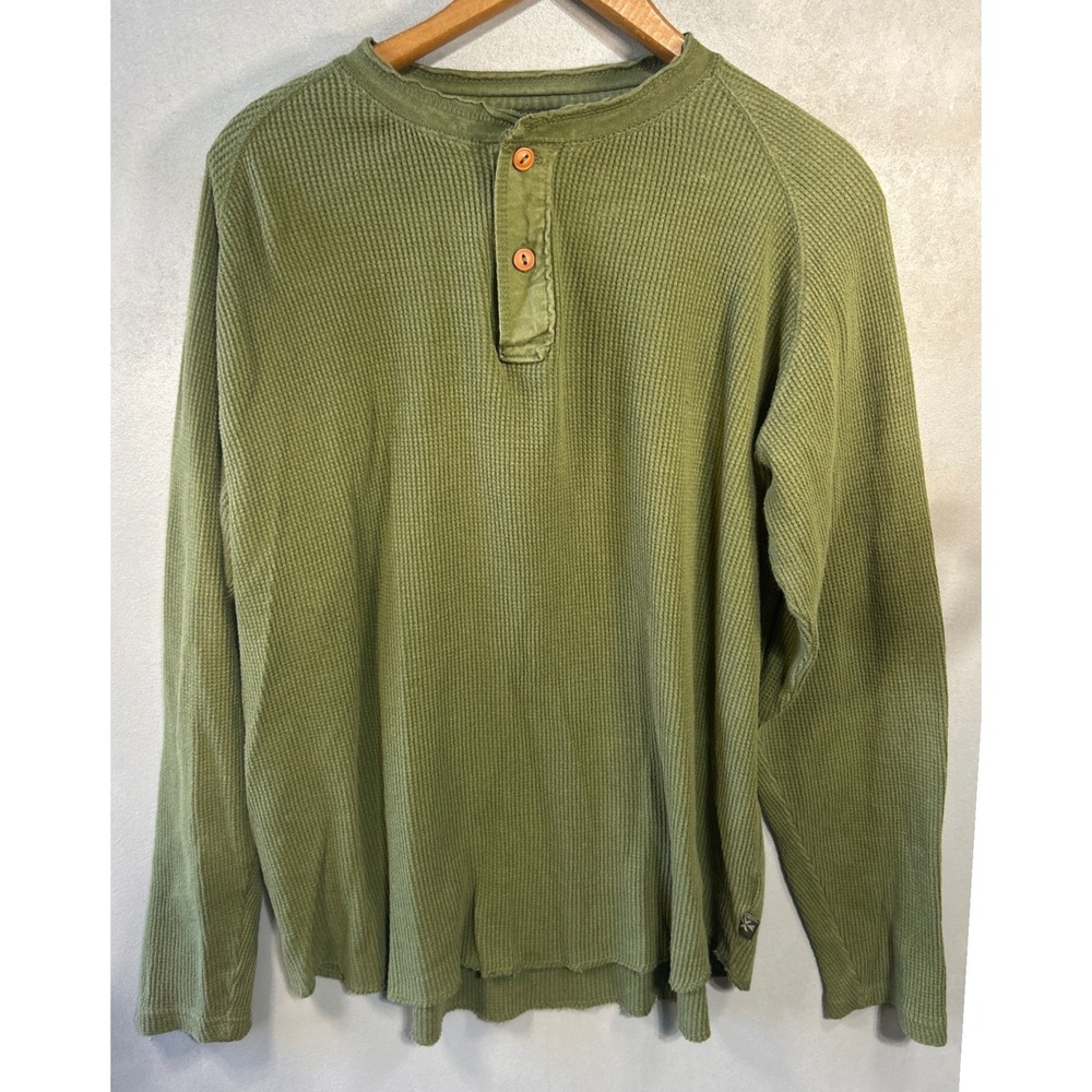 Modern Culture Mens Olive Green Waffle Knit Thermal Henley Distressed Neck L